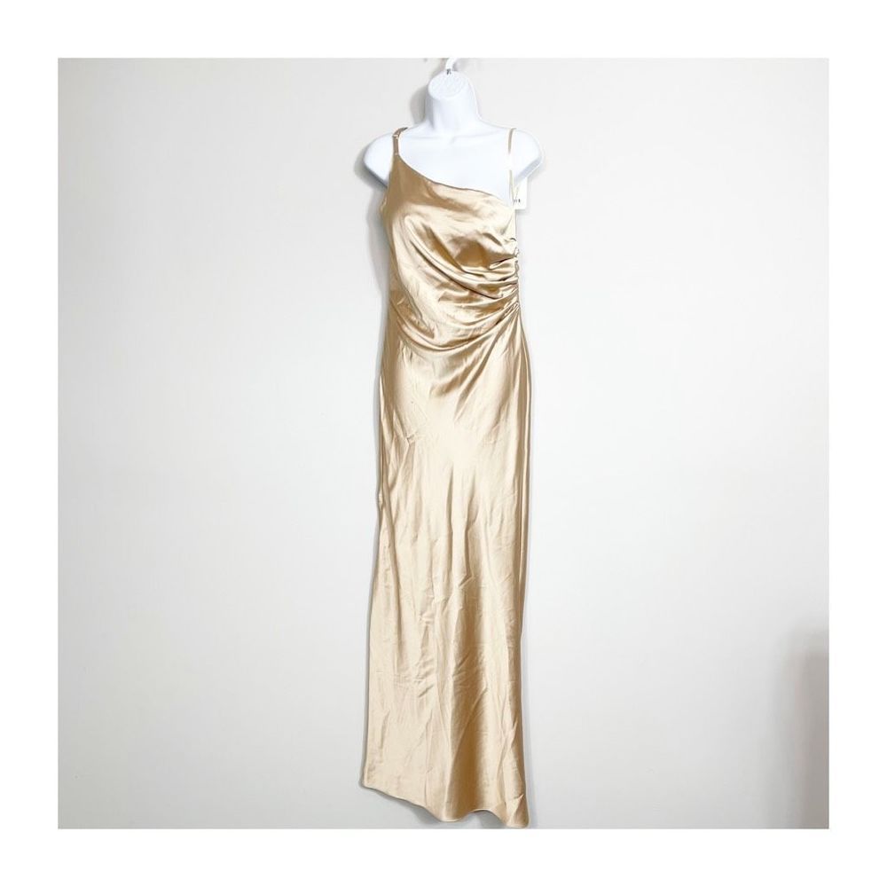 Revelry Jade Satin Side Zipper One Shoulder Champagne Gold Dress Ladies Size 8 N